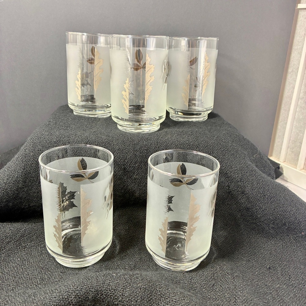 VTG Libbey Frosted Silver Leaf Highball Glasses MCM Silver Foliage Set of 5